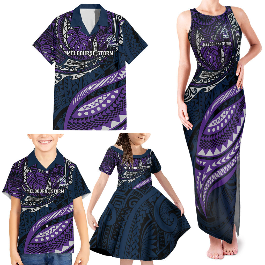 Personalised Melbourne Storm Family Matching Tank Maxi Dress and Hawaiian Shirt Polynesian Tribal Art Style With Cyborg Storm Mascot