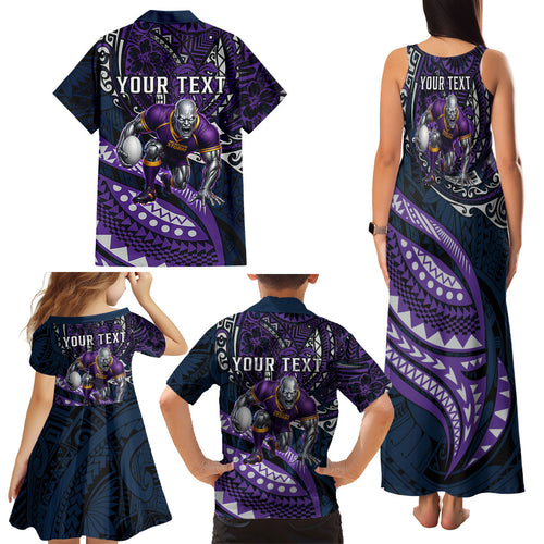 Personalised Melbourne Storm Family Matching Tank Maxi Dress and Hawaiian Shirt Polynesian Tribal Art Style With Cyborg Storm Mascot
