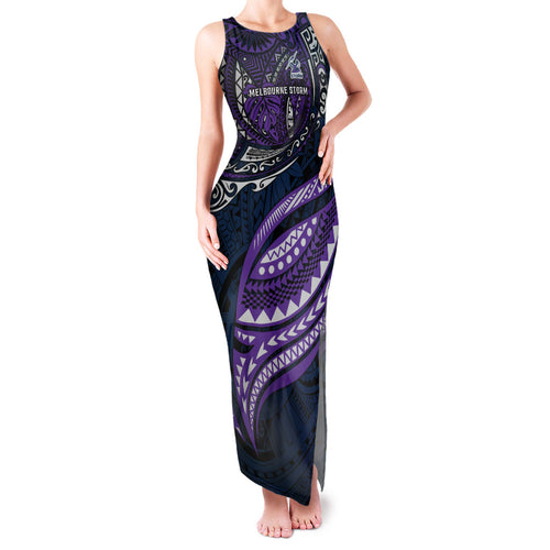 Personalised Melbourne Storm Family Matching Tank Maxi Dress and Hawaiian Shirt Polynesian Tribal Art Style With Cyborg Storm Mascot