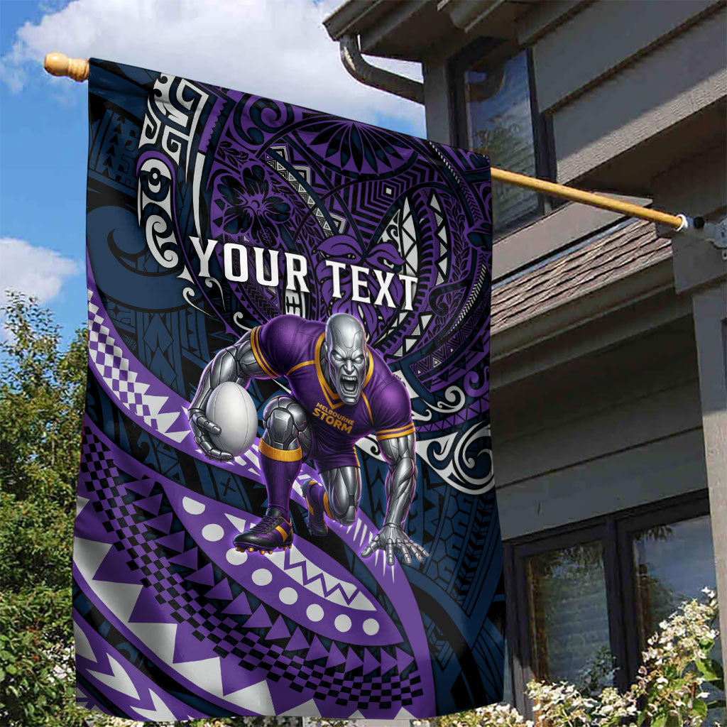 Personalised Melbourne Storm Garden Flag Polynesian Tribal Art Style With Cyborg Storm Mascot