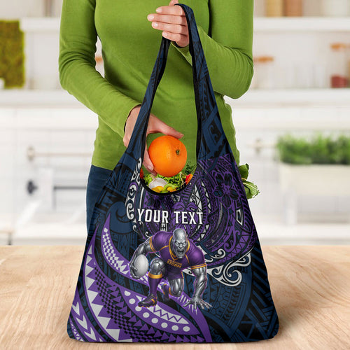 Personalised Melbourne Storm Grocery Bag Polynesian Tribal Art Style With Cyborg Storm Mascot