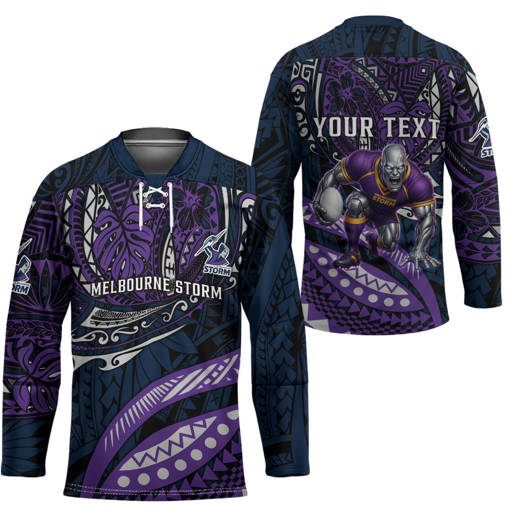 Personalised Melbourne Storm Hockey Jersey Polynesian Tribal Art Style With Cyborg Storm Mascot