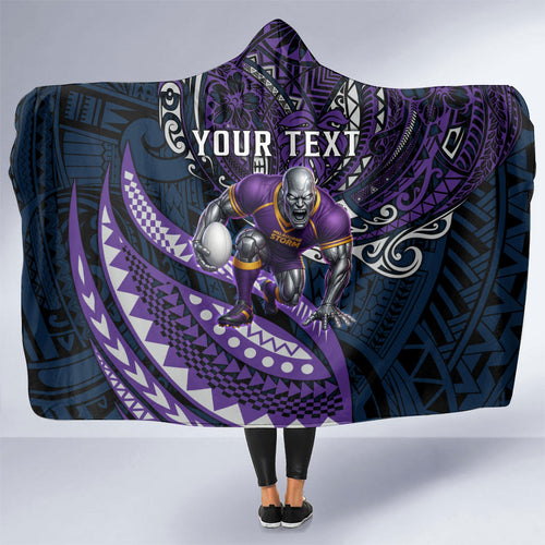 Personalised Melbourne Storm Hooded Blanket Polynesian Tribal Art Style With Cyborg Storm Mascot