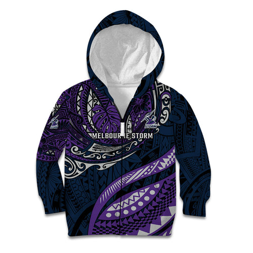 Personalised Melbourne Storm Kid Hoodie Polynesian Tribal Art Style With Cyborg Storm Mascot