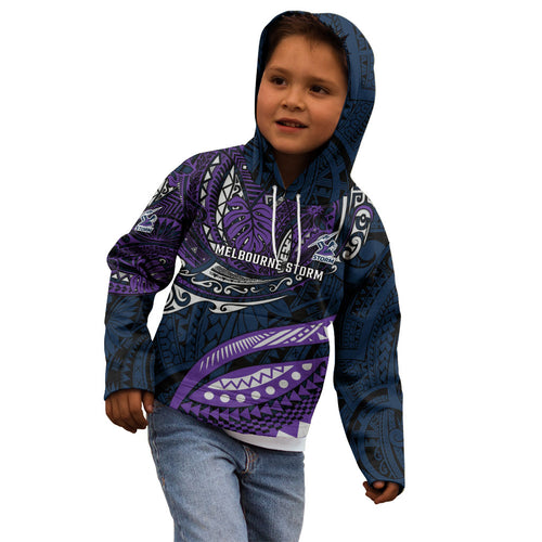 Personalised Melbourne Storm Kid Hoodie Polynesian Tribal Art Style With Cyborg Storm Mascot