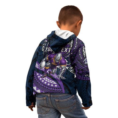 Personalised Melbourne Storm Kid Hoodie Polynesian Tribal Art Style With Cyborg Storm Mascot