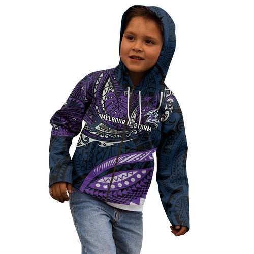 Personalised Melbourne Storm Kid Hoodie Polynesian Tribal Art Style With Cyborg Storm Mascot