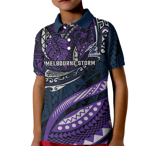 Personalised Melbourne Storm Kid Polo Shirt Polynesian Tribal Art Style With Cyborg Storm Mascot
