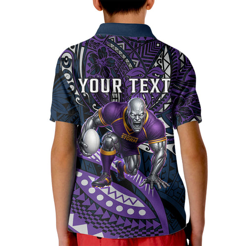 Personalised Melbourne Storm Kid Polo Shirt Polynesian Tribal Art Style With Cyborg Storm Mascot