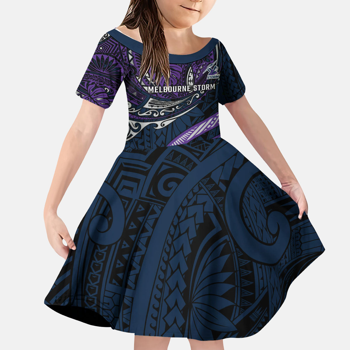 Personalised Melbourne Storm Kid Short Sleeve Dress Polynesian Tribal Art Style With Cyborg Storm Mascot