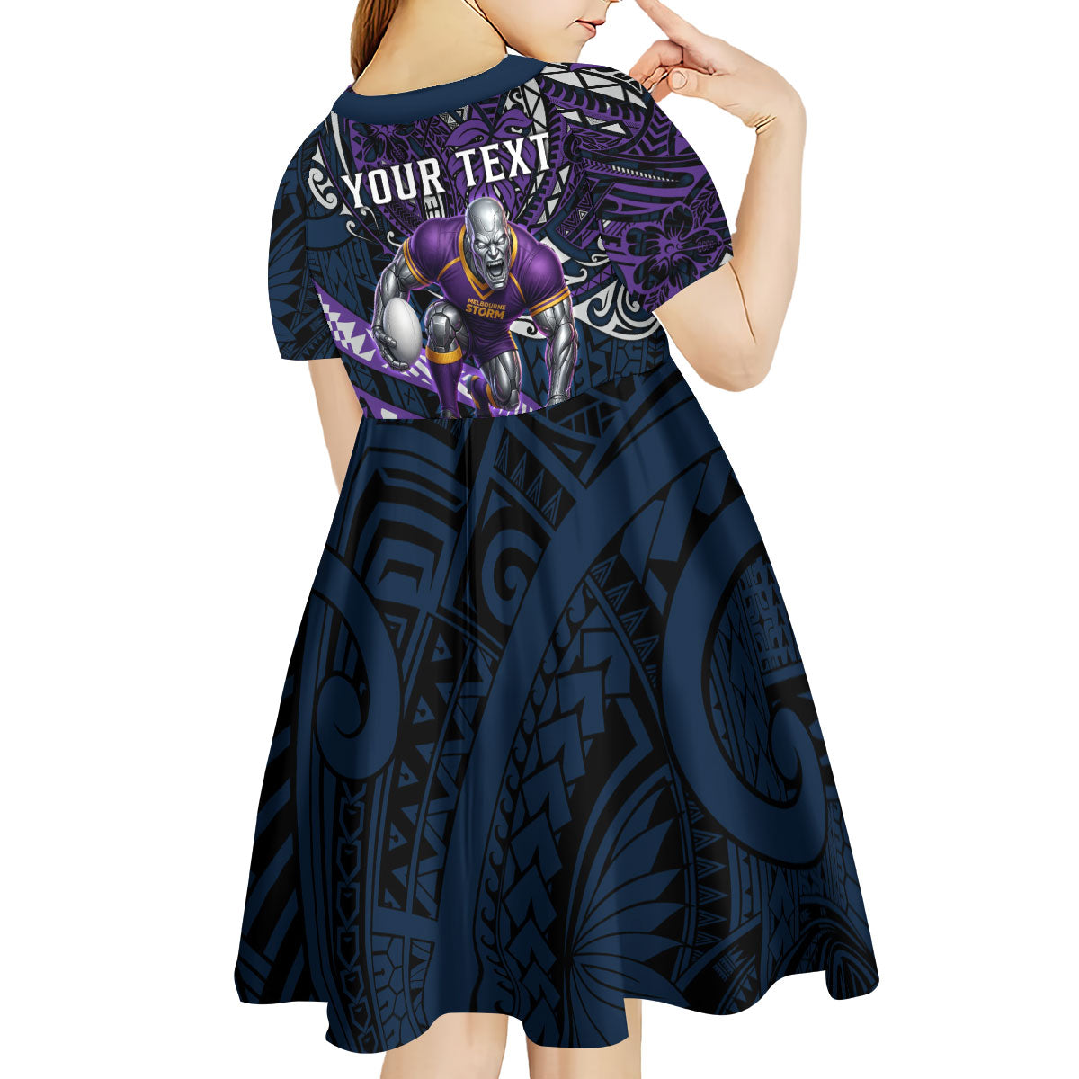 Personalised Melbourne Storm Kid Short Sleeve Dress Polynesian Tribal Art Style With Cyborg Storm Mascot