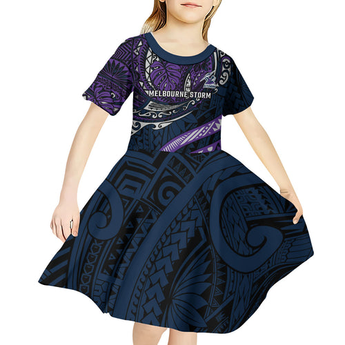Personalised Melbourne Storm Kid Short Sleeve Dress Polynesian Tribal Art Style With Cyborg Storm Mascot