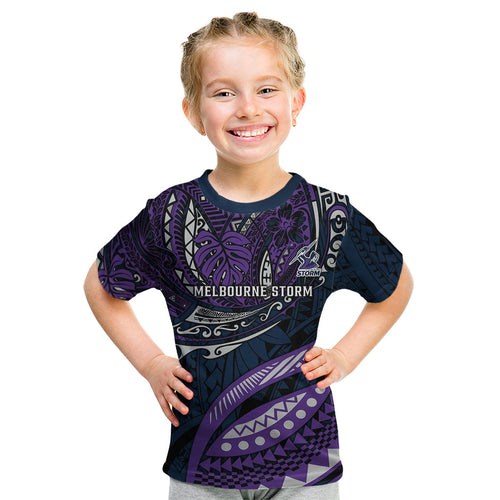 Personalised Melbourne Storm Kid T Shirt Polynesian Tribal Art Style With Cyborg Storm Mascot
