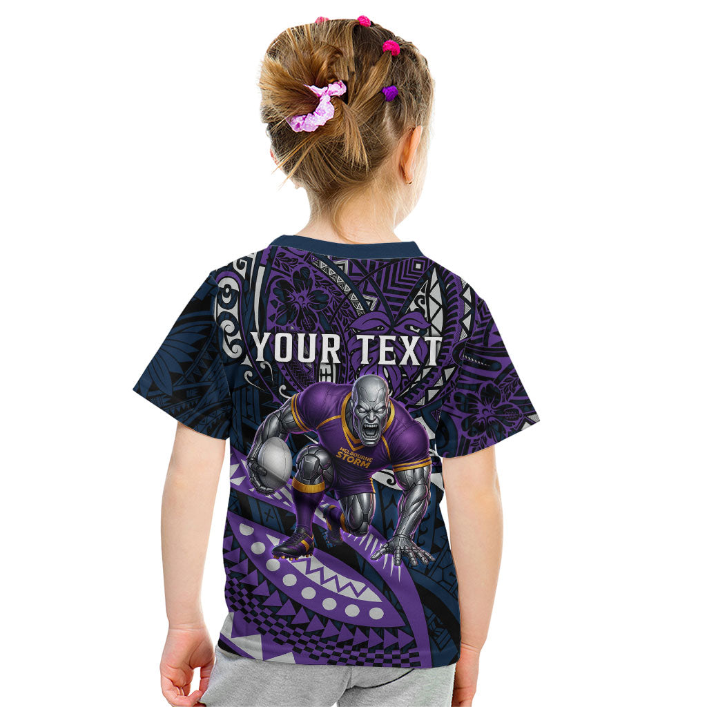 Personalised Melbourne Storm Kid T Shirt Polynesian Tribal Art Style With Cyborg Storm Mascot