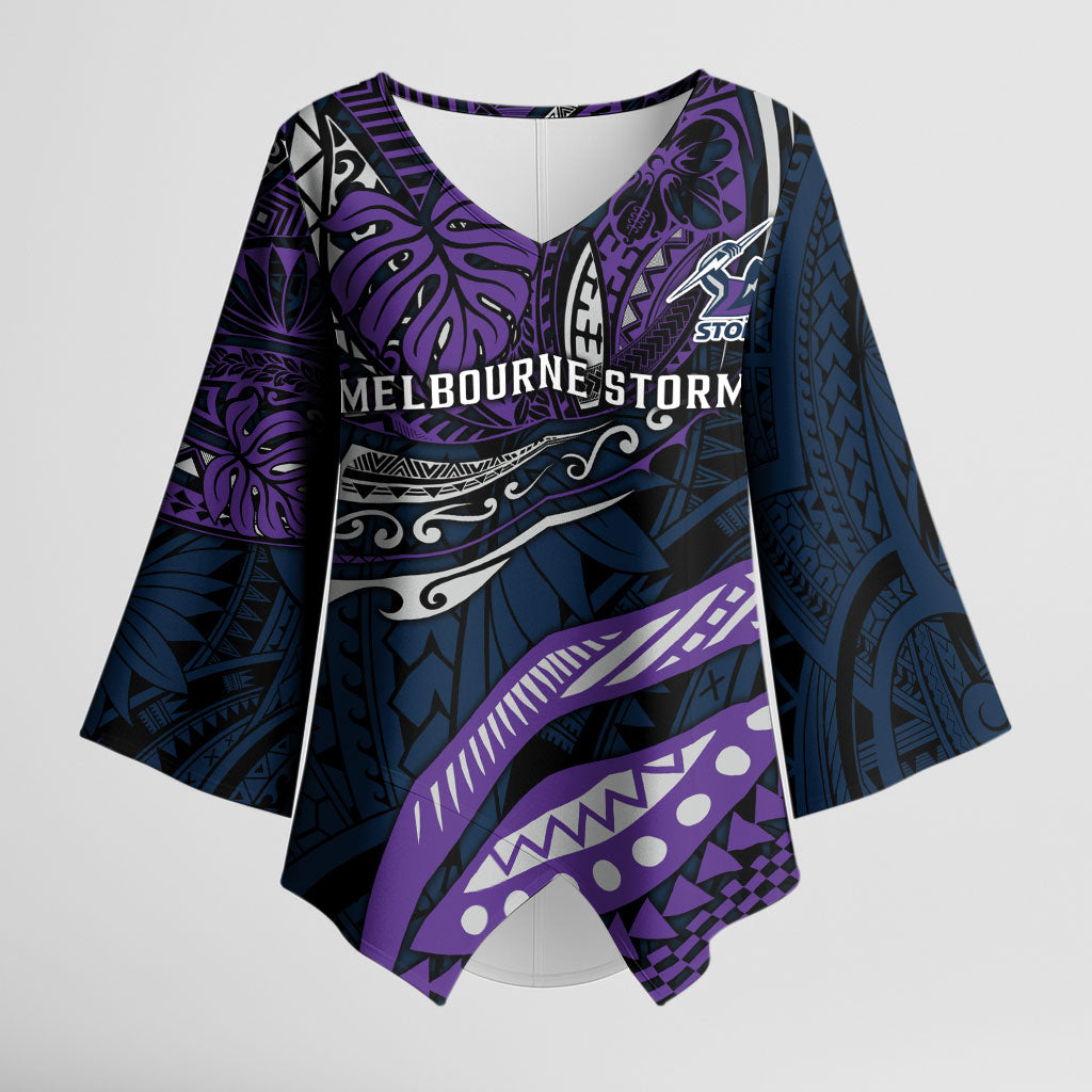 Personalised Melbourne Storm Kimono Sleeve Blouse Polynesian Tribal Art Style With Cyborg Storm Mascot