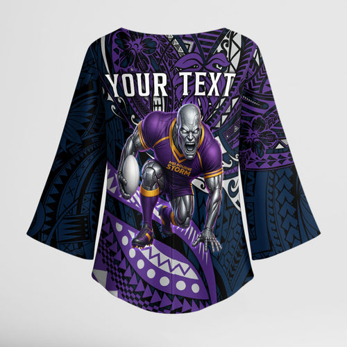 Personalised Melbourne Storm Kimono Sleeve Blouse Polynesian Tribal Art Style With Cyborg Storm Mascot