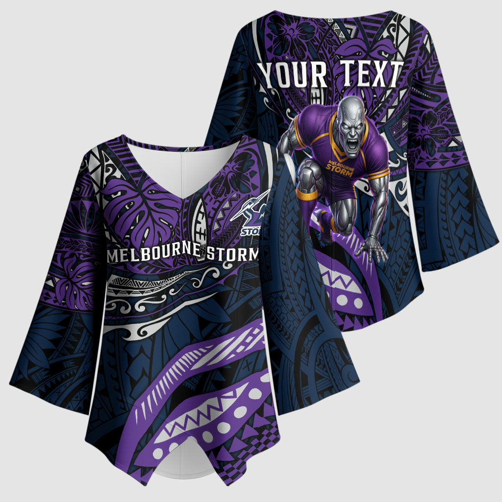 Personalised Melbourne Storm Kimono Sleeve Blouse Polynesian Tribal Art Style With Cyborg Storm Mascot