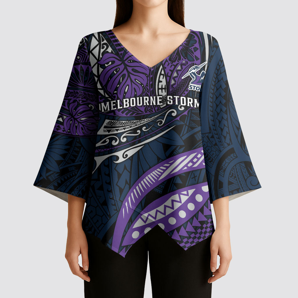 Personalised Melbourne Storm Kimono Sleeve Blouse Polynesian Tribal Art Style With Cyborg Storm Mascot