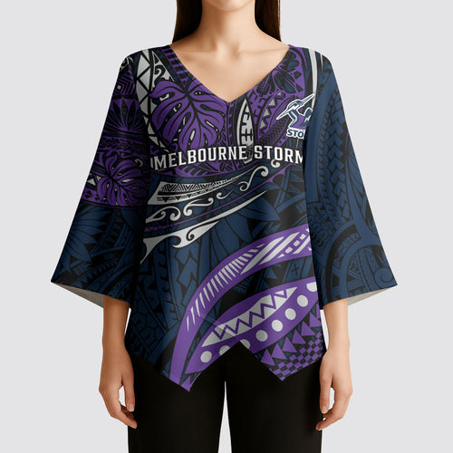 Personalised Melbourne Storm Kimono Sleeve Blouse Polynesian Tribal Art Style With Cyborg Storm Mascot