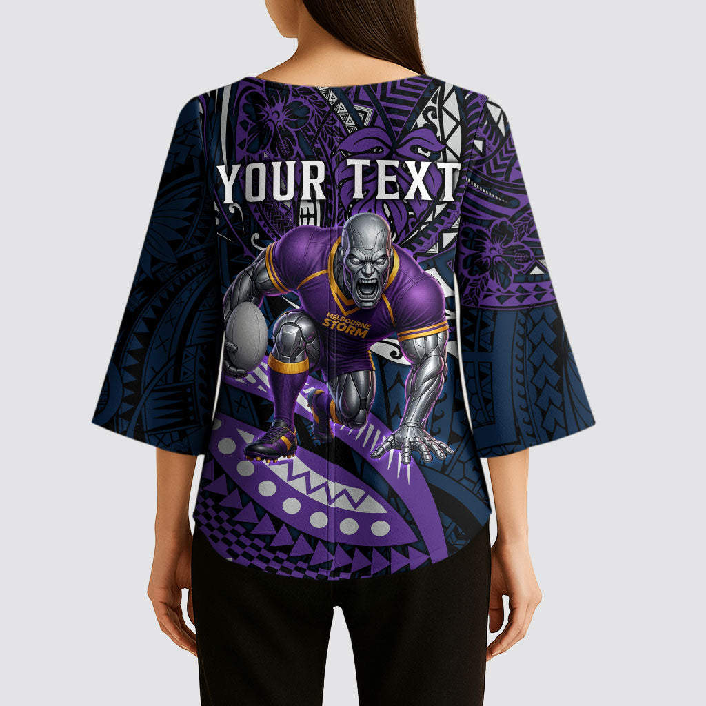 Personalised Melbourne Storm Kimono Sleeve Blouse Polynesian Tribal Art Style With Cyborg Storm Mascot