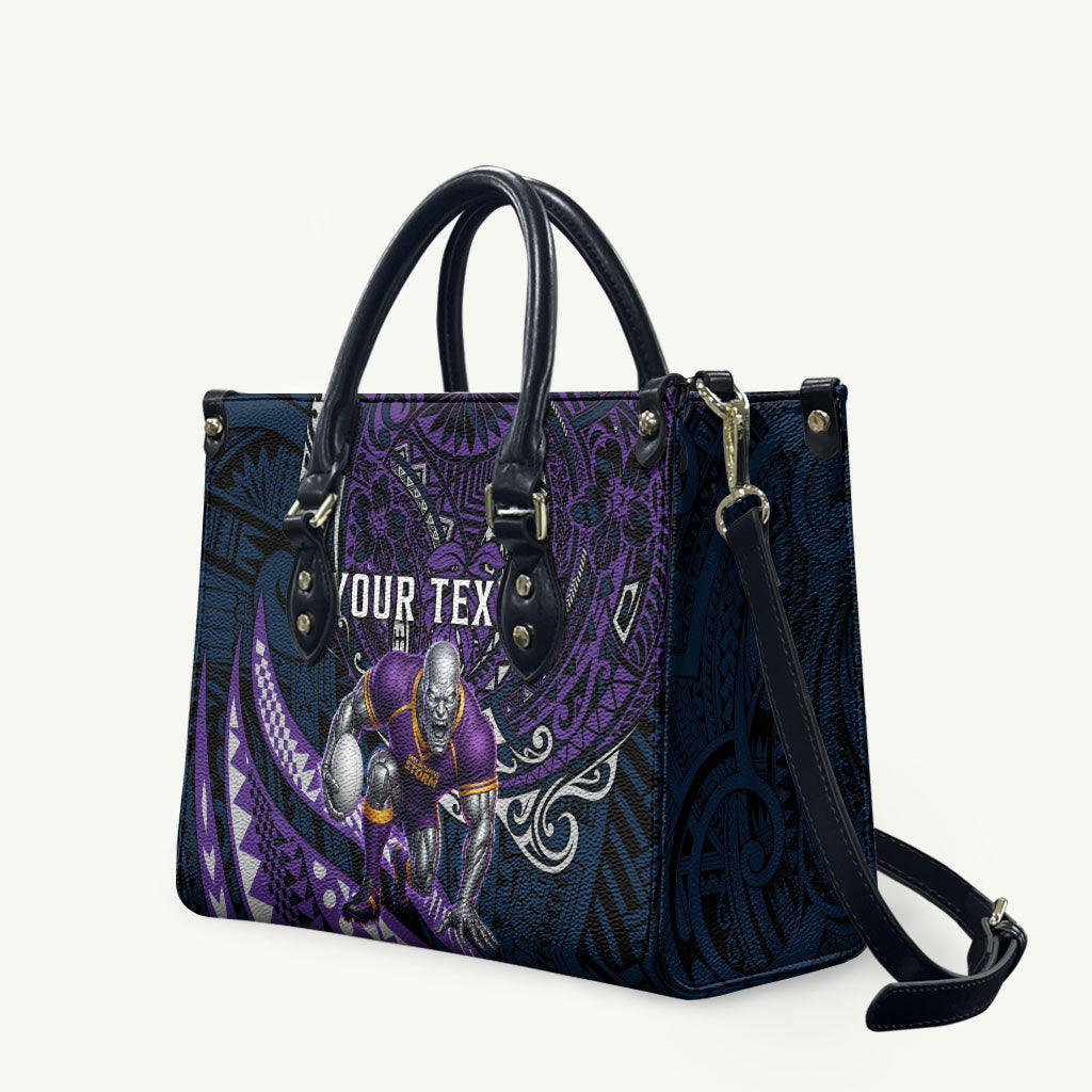 Personalised Melbourne Storm Leather Bag Polynesian Tribal Art Style With Cyborg Storm Mascot