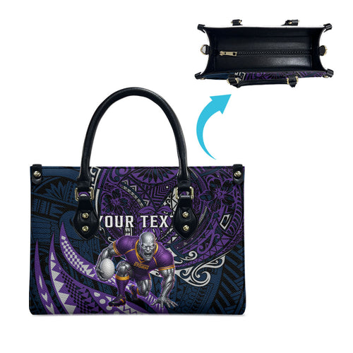 Personalised Melbourne Storm Leather Bag Polynesian Tribal Art Style With Cyborg Storm Mascot