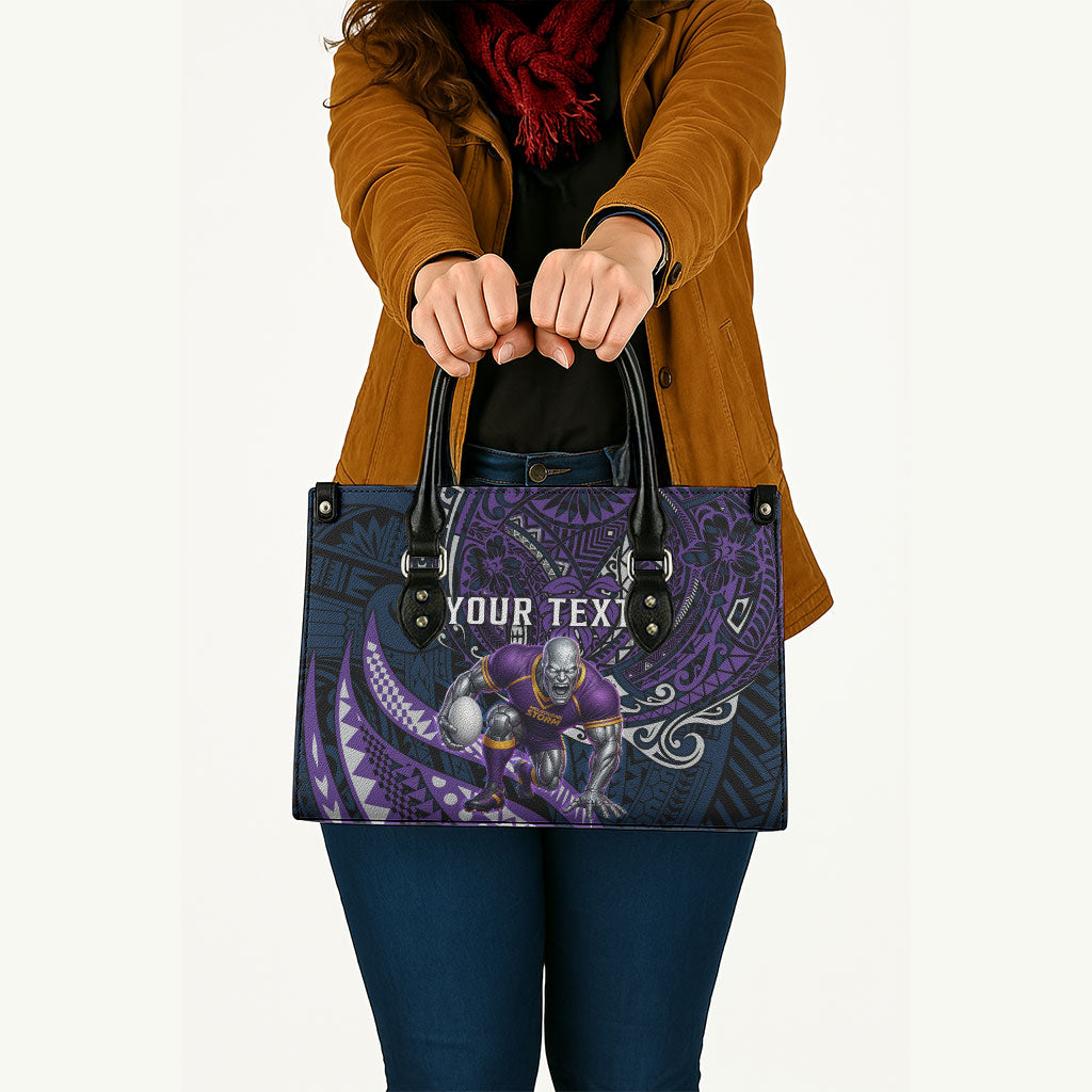 Personalised Melbourne Storm Leather Bag Polynesian Tribal Art Style With Cyborg Storm Mascot