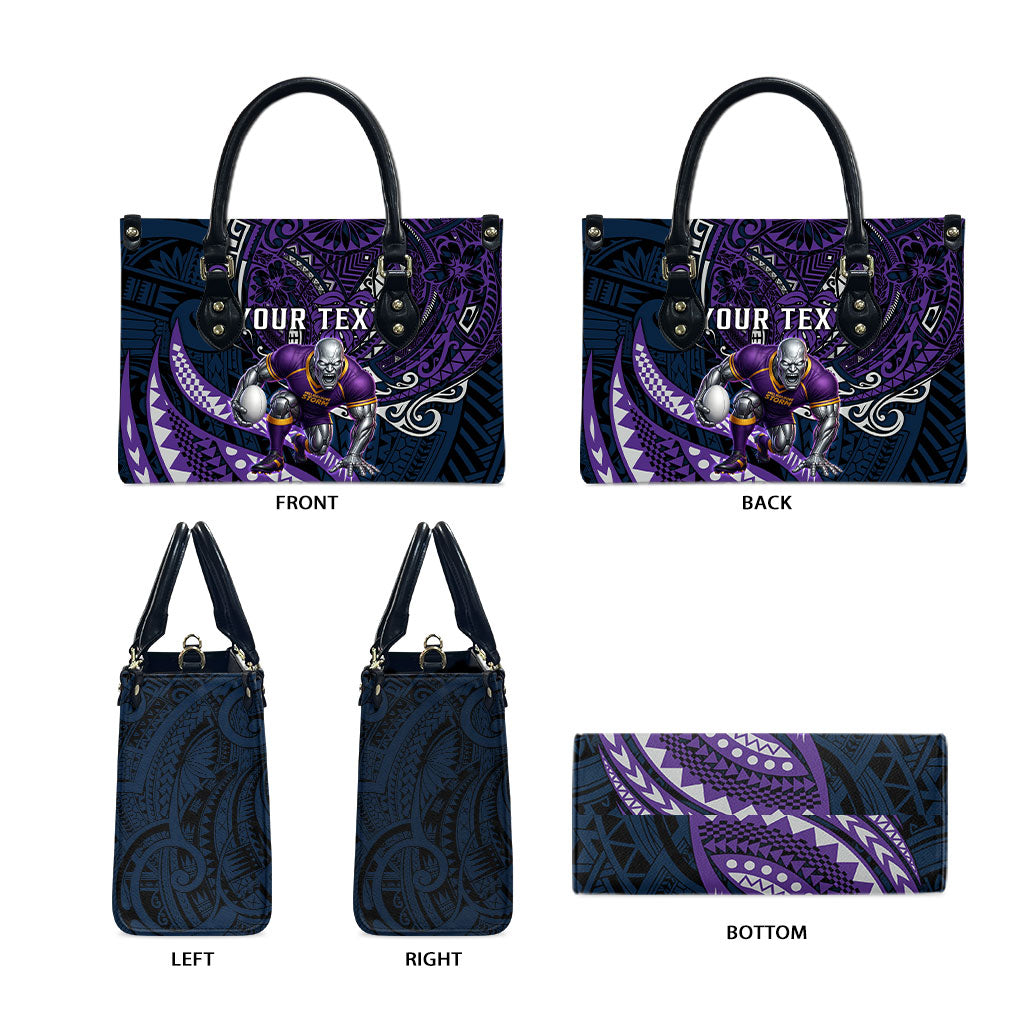 Personalised Melbourne Storm Leather Bag Polynesian Tribal Art Style With Cyborg Storm Mascot