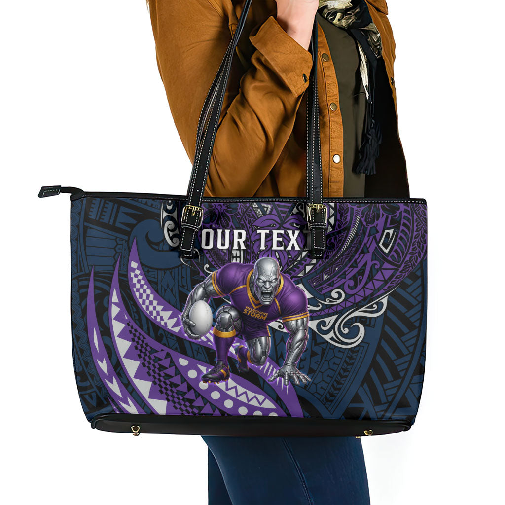 Personalised Melbourne Storm Leather Tote Bag Polynesian Tribal Art Style With Cyborg Storm Mascot