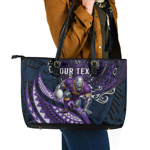 Personalised Melbourne Storm Leather Tote Bag Polynesian Tribal Art Style With Cyborg Storm Mascot