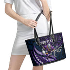 Personalised Melbourne Storm Leather Tote Bag Polynesian Tribal Art Style With Cyborg Storm Mascot