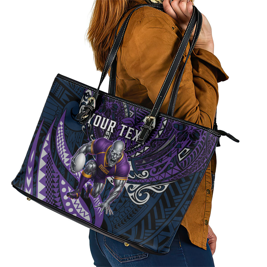 Personalised Melbourne Storm Leather Tote Bag Polynesian Tribal Art Style With Cyborg Storm Mascot
