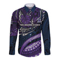 Personalised Melbourne Storm Long Sleeve Button Shirt Polynesian Tribal Art Style With Cyborg Storm Mascot