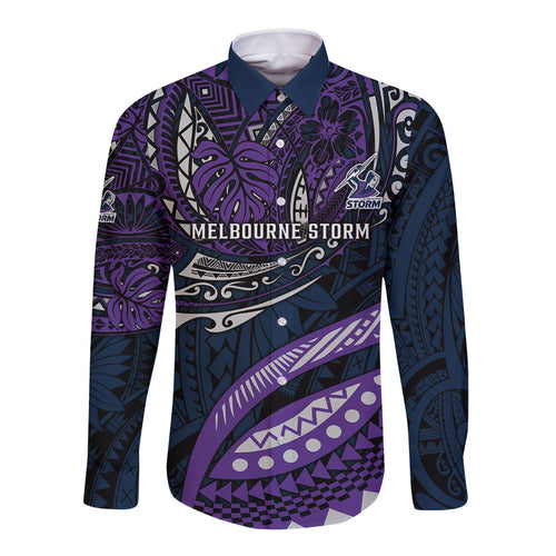 Personalised Melbourne Storm Long Sleeve Button Shirt Polynesian Tribal Art Style With Cyborg Storm Mascot
