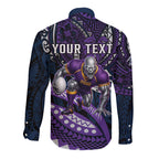 Personalised Melbourne Storm Long Sleeve Button Shirt Polynesian Tribal Art Style With Cyborg Storm Mascot