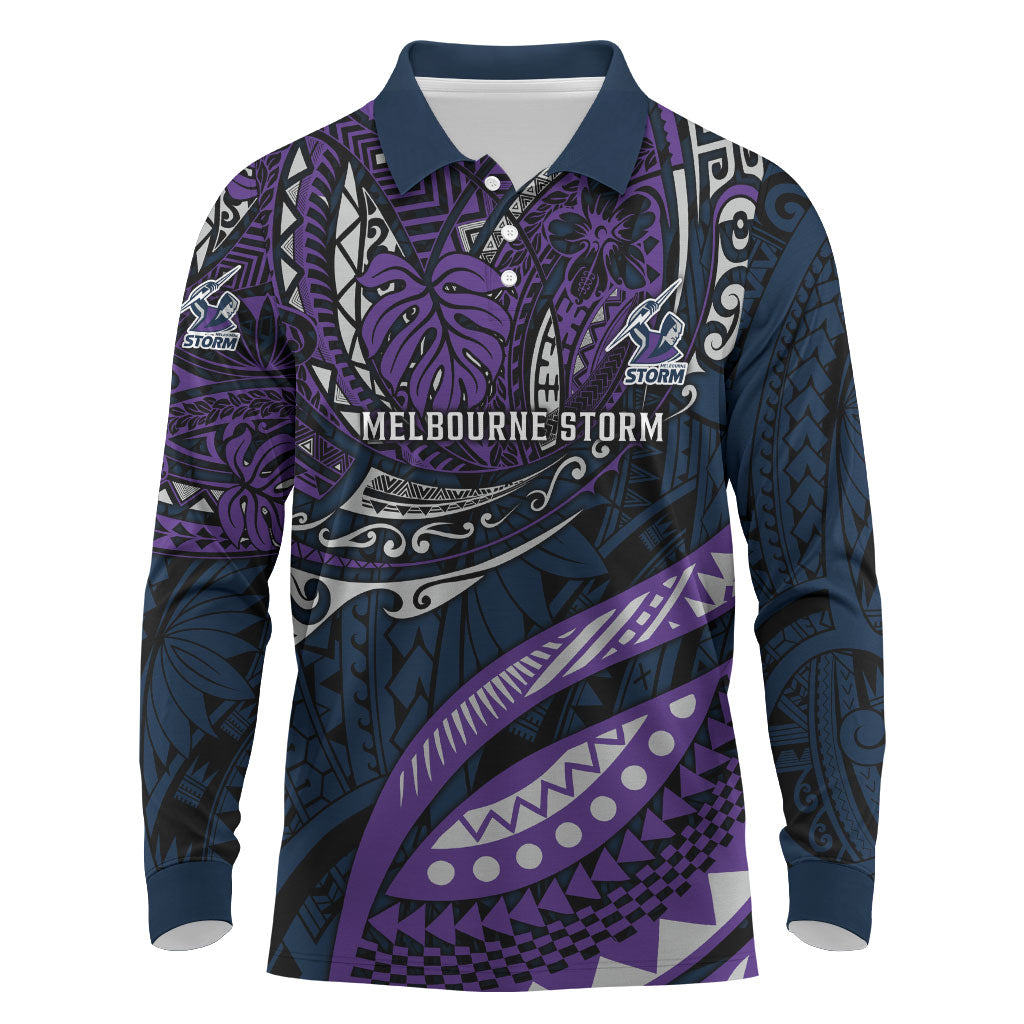 Personalised Melbourne Storm Long Sleeve Polo Shirt Polynesian Tribal Art Style With Cyborg Storm Mascot