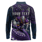 Personalised Melbourne Storm Long Sleeve Polo Shirt Polynesian Tribal Art Style With Cyborg Storm Mascot