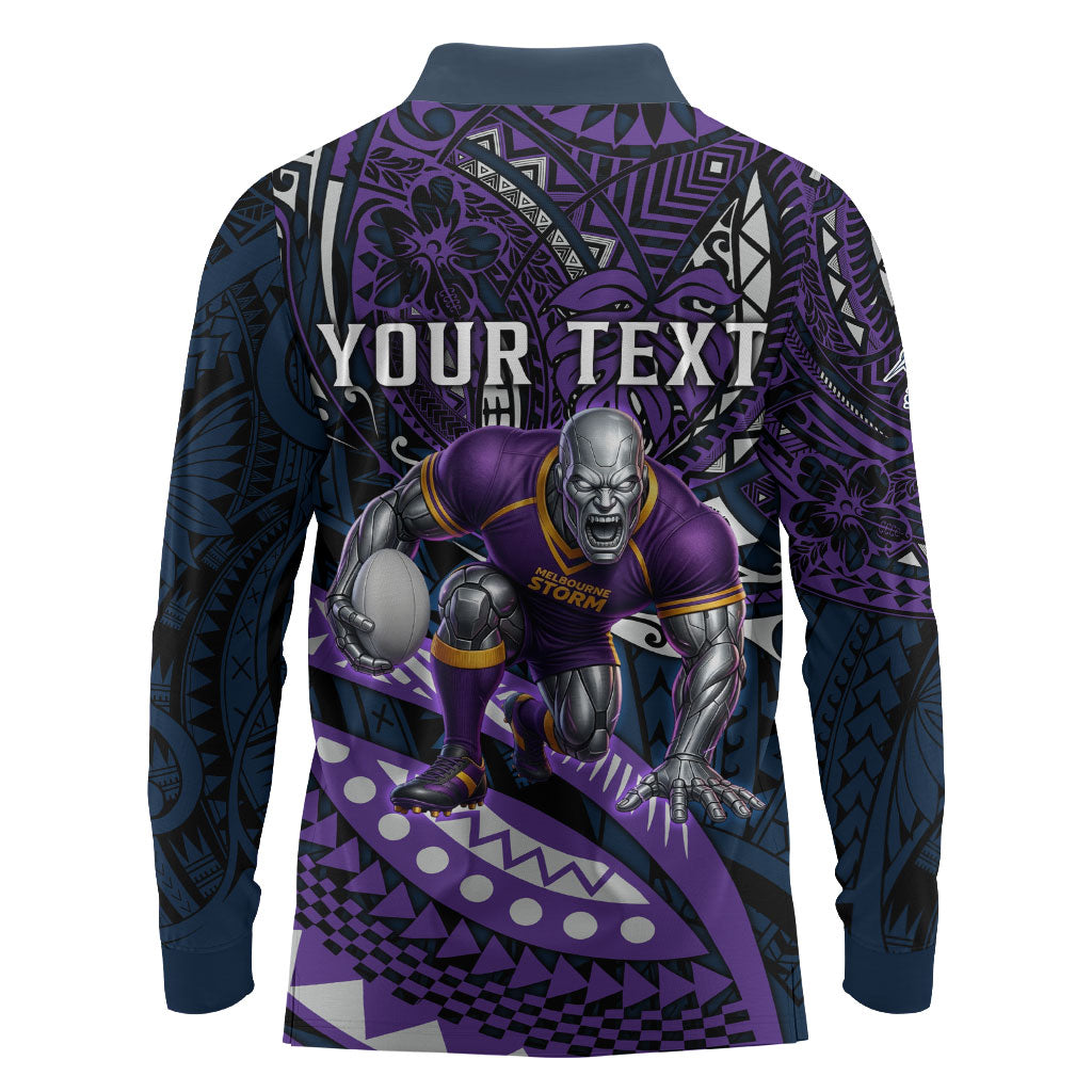 Personalised Melbourne Storm Long Sleeve Polo Shirt Polynesian Tribal Art Style With Cyborg Storm Mascot