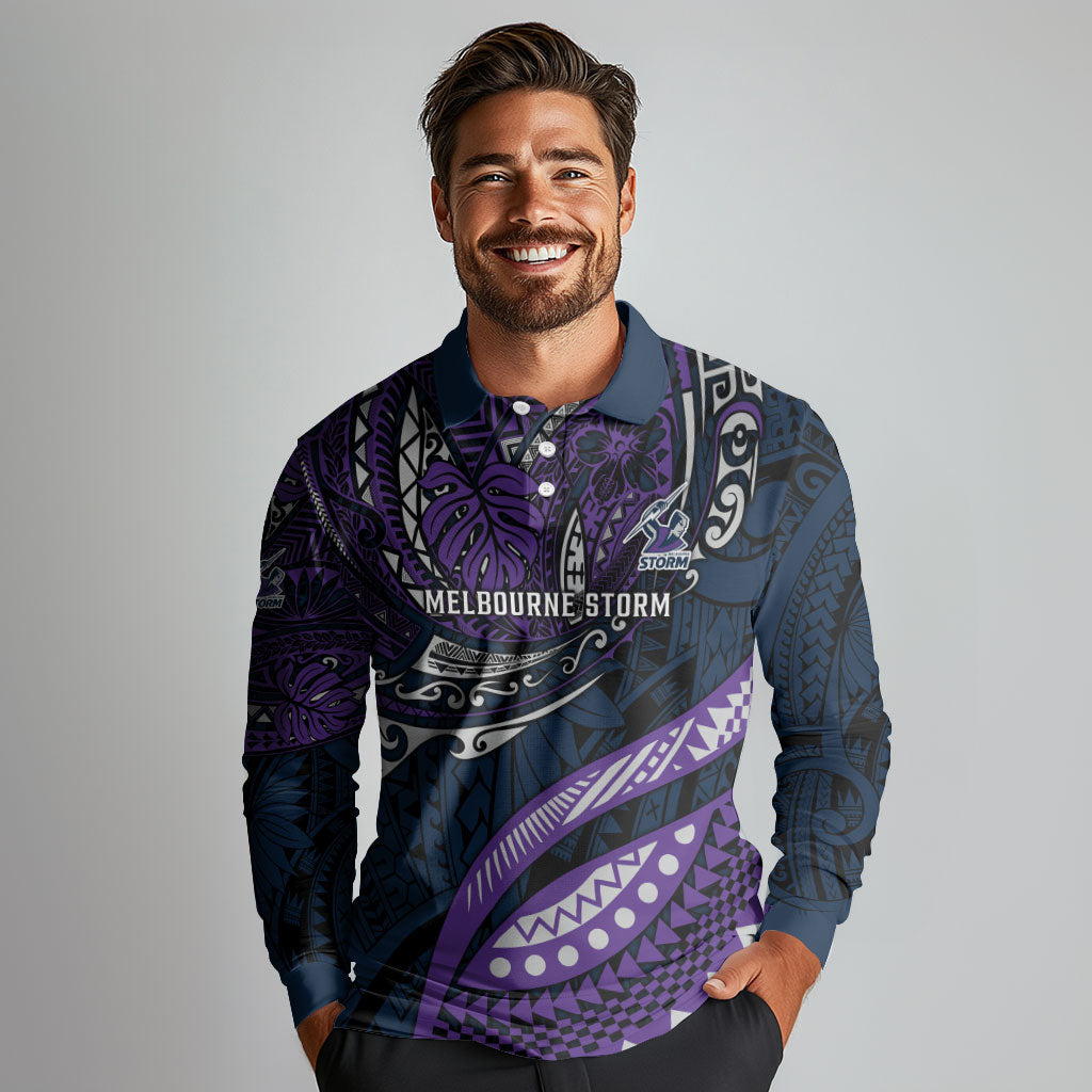 Personalised Melbourne Storm Long Sleeve Polo Shirt Polynesian Tribal Art Style With Cyborg Storm Mascot