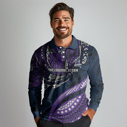 Personalised Melbourne Storm Long Sleeve Polo Shirt Polynesian Tribal Art Style With Cyborg Storm Mascot
