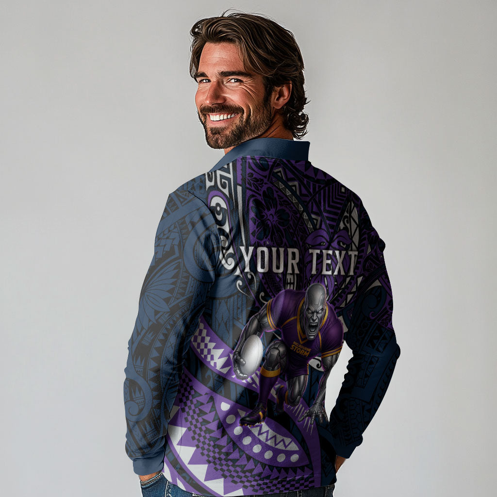 Personalised Melbourne Storm Long Sleeve Polo Shirt Polynesian Tribal Art Style With Cyborg Storm Mascot