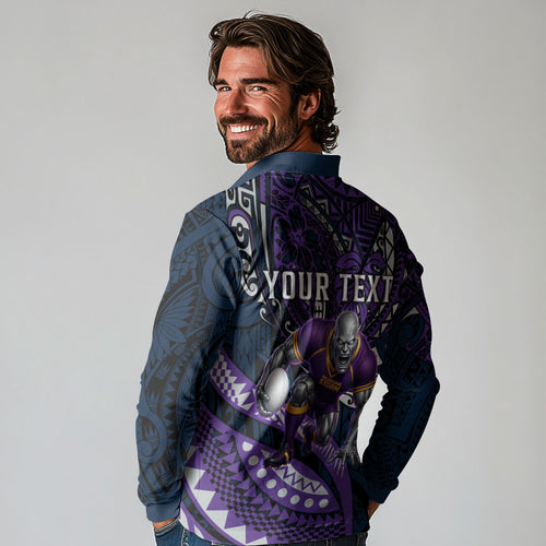 Personalised Melbourne Storm Long Sleeve Polo Shirt Polynesian Tribal Art Style With Cyborg Storm Mascot