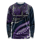 Personalised Melbourne Storm Long Sleeve Shirt Polynesian Tribal Art Style With Cyborg Storm Mascot