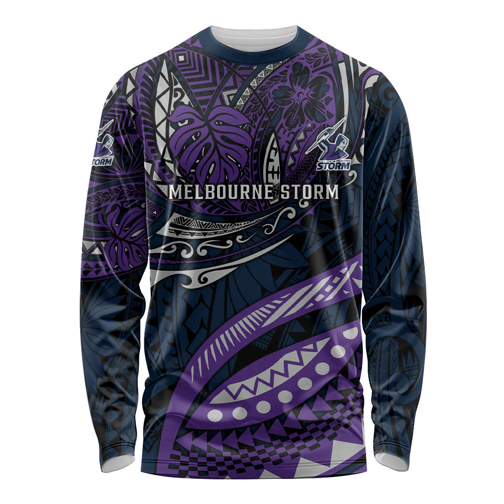 Personalised Melbourne Storm Long Sleeve Shirt Polynesian Tribal Art Style With Cyborg Storm Mascot