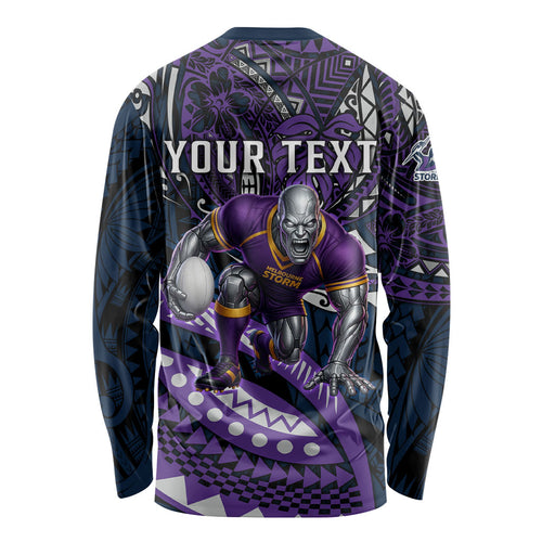 Personalised Melbourne Storm Long Sleeve Shirt Polynesian Tribal Art Style With Cyborg Storm Mascot