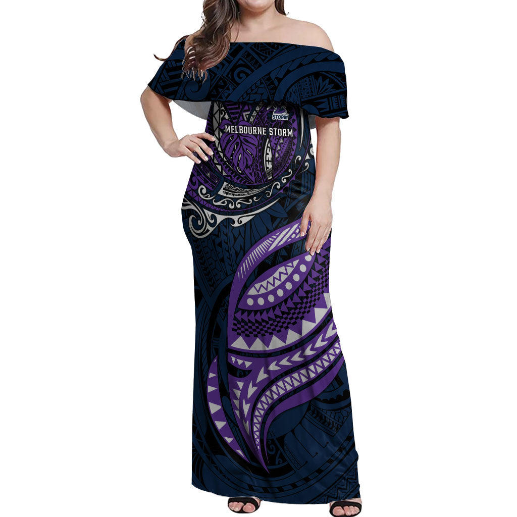 Personalised Melbourne Storm Off Shoulder Maxi Dress Polynesian Tribal Art Style With Cyborg Storm Mascot