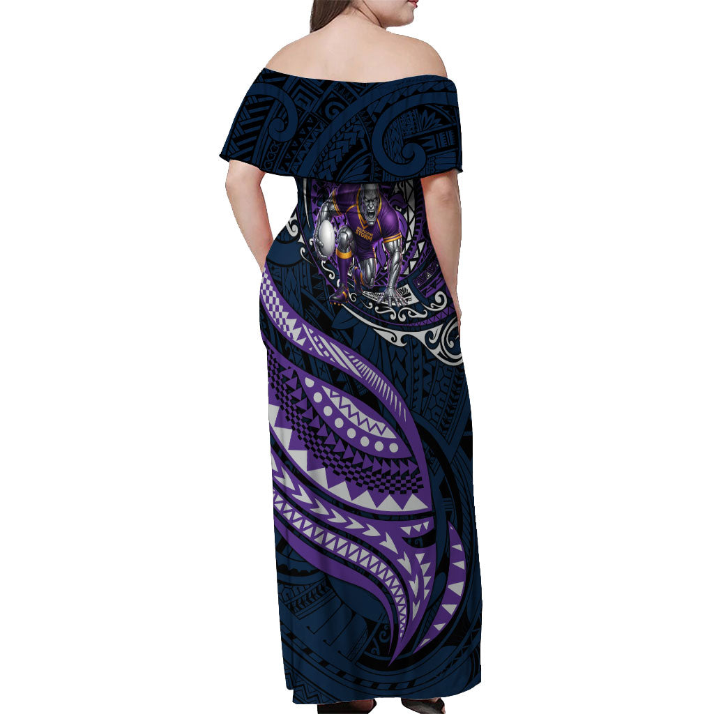 Personalised Melbourne Storm Off Shoulder Maxi Dress Polynesian Tribal Art Style With Cyborg Storm Mascot