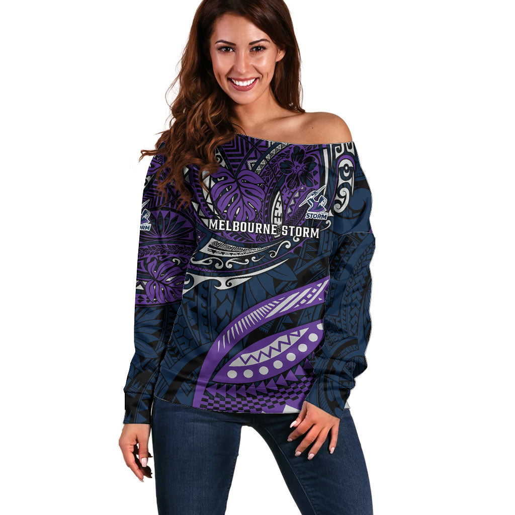 Personalised Melbourne Storm Off Shoulder Sweater Polynesian Tribal Art Style With Cyborg Storm Mascot