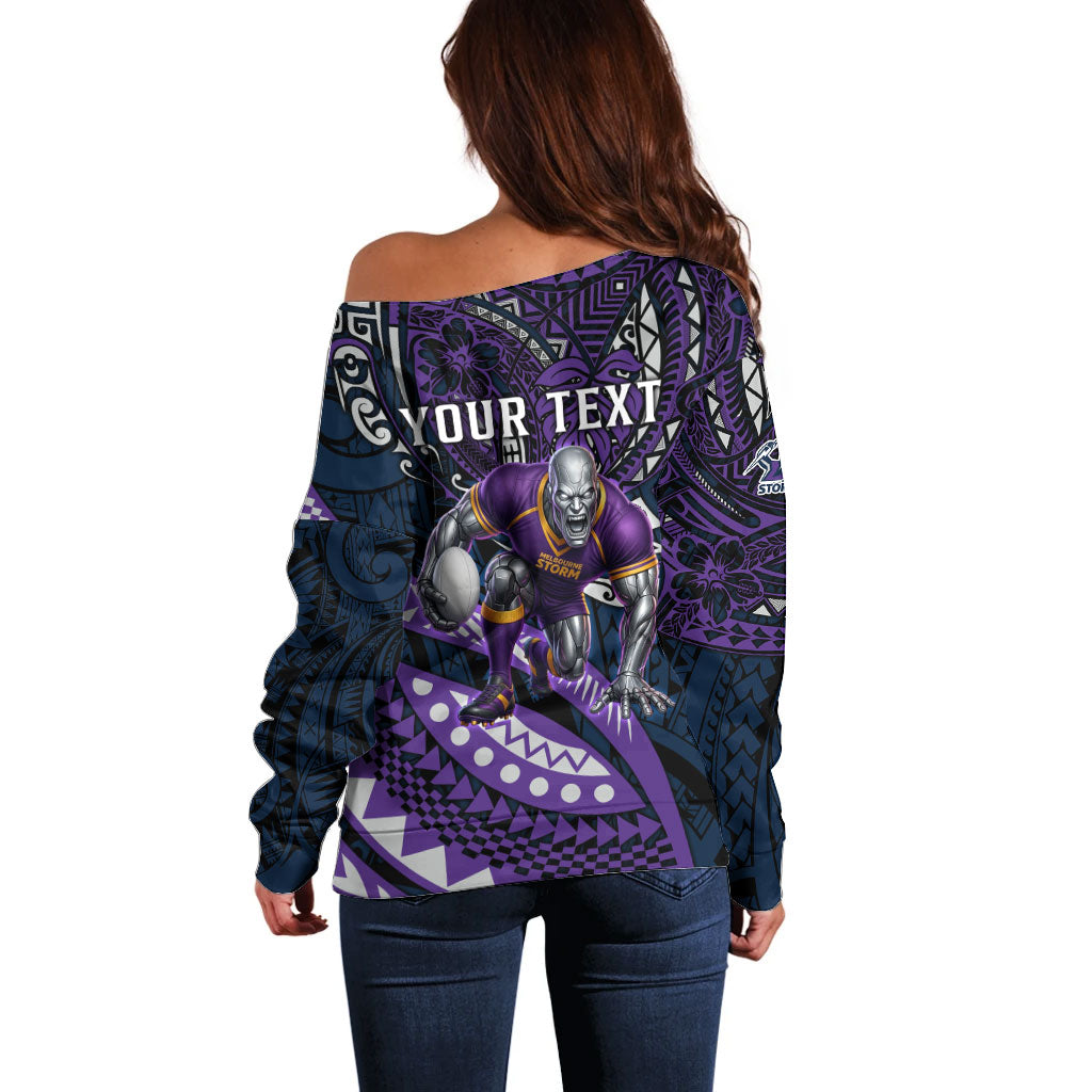 Personalised Melbourne Storm Off Shoulder Sweater Polynesian Tribal Art Style With Cyborg Storm Mascot