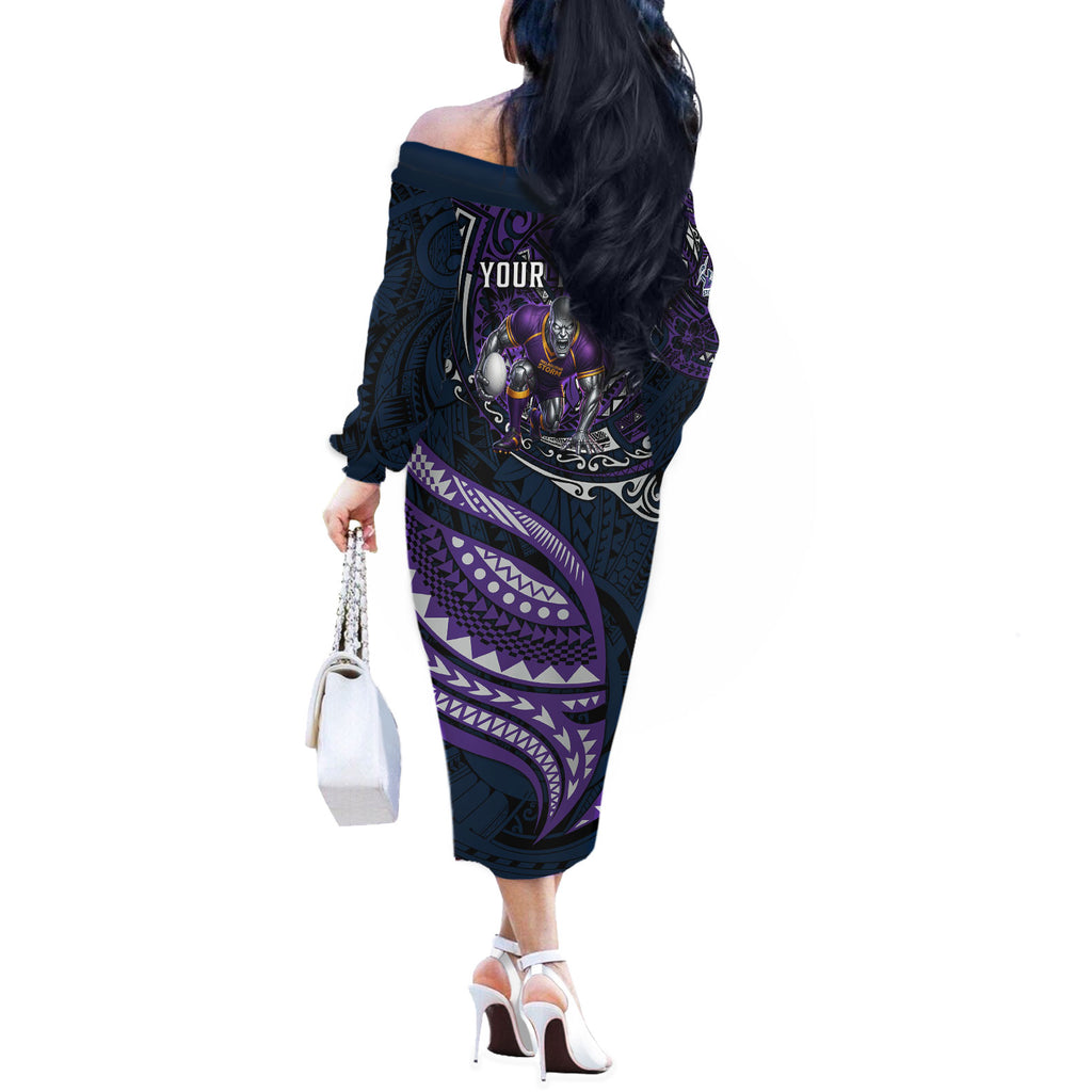 Personalised Melbourne Storm Off The Shoulder Long Sleeve Dress Polynesian Tribal Art Style With Cyborg Storm Mascot